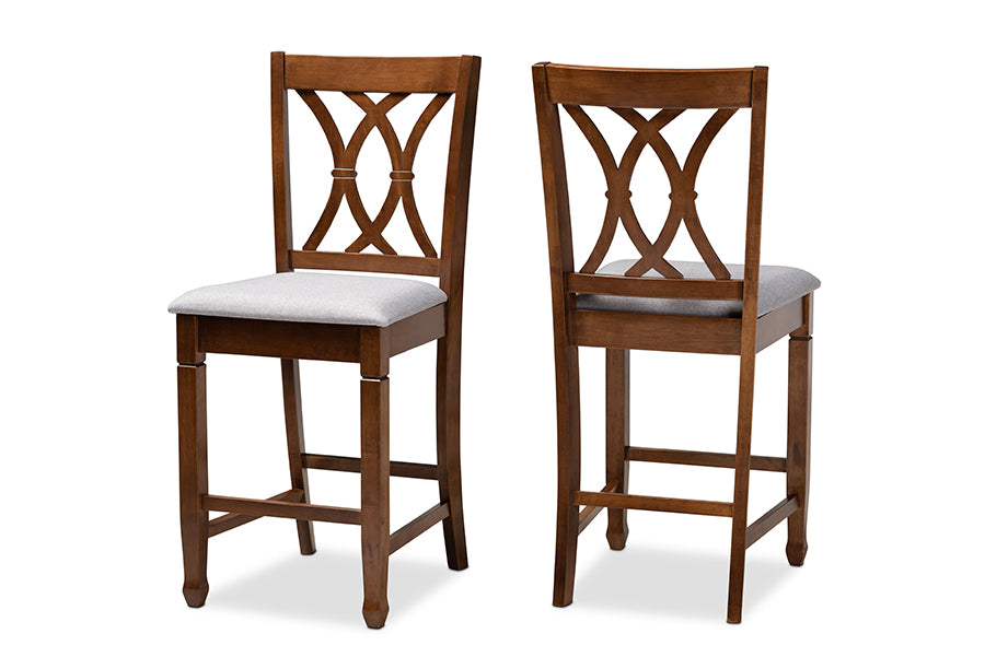 Baxton Studio Reneau Modern and Contemporary Grey Fabric Upholstered Walnut Brown Finished 2-Piece Wood Counter Height Pub Chair Set Set | Modishstore | Dining Chairs - 4