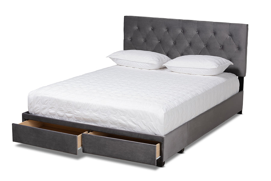 baxton studio caronia modern and contemporary grey velvet fabric upholstered 2 drawer king size platform storage bed | Modish Furniture Store-3