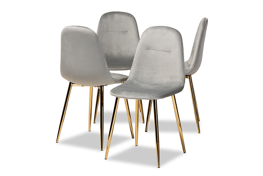 Baxton Studio Elyse Glam and Luxe Grey Velvet Fabric Upholstered Gold Finished 4-Piece Metal Dining Chair Set | Modishstore | Dining Chairs - 4