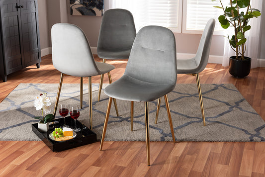 Baxton Studio Elyse Glam and Luxe Grey Velvet Fabric Upholstered Gold Finished 4-Piece Metal Dining Chair Set | Modishstore | Dining Chairs
