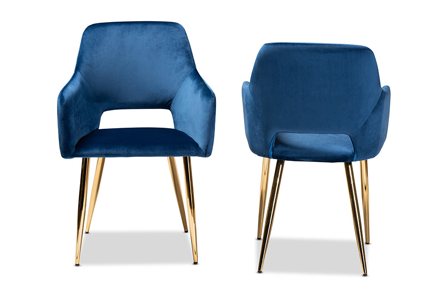 Baxton Studio Germaine Glam and Luxe Navy Blue Velvet Fabric Upholstered Gold Finished 2-Piece Metal Dining Chair Set | Modishstore | Dining Chairs - 3