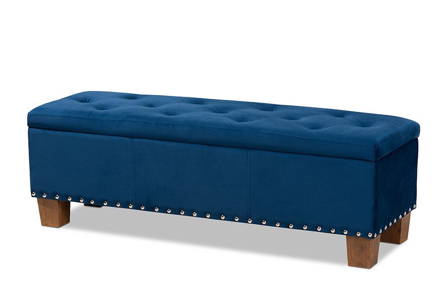 baxton studio hannah modern and contemporary navy blue velvet fabric upholstered button tufted storage ottoman bench | Modish Furniture Store-2