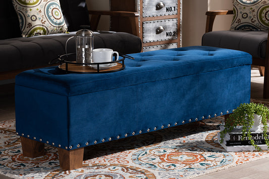Baxton Studio Hannah Modern and Contemporary Navy Blue Velvet Fabric Upholstered Button-Tufted Storage Ottoman Bench | Modishstore | Ottomans