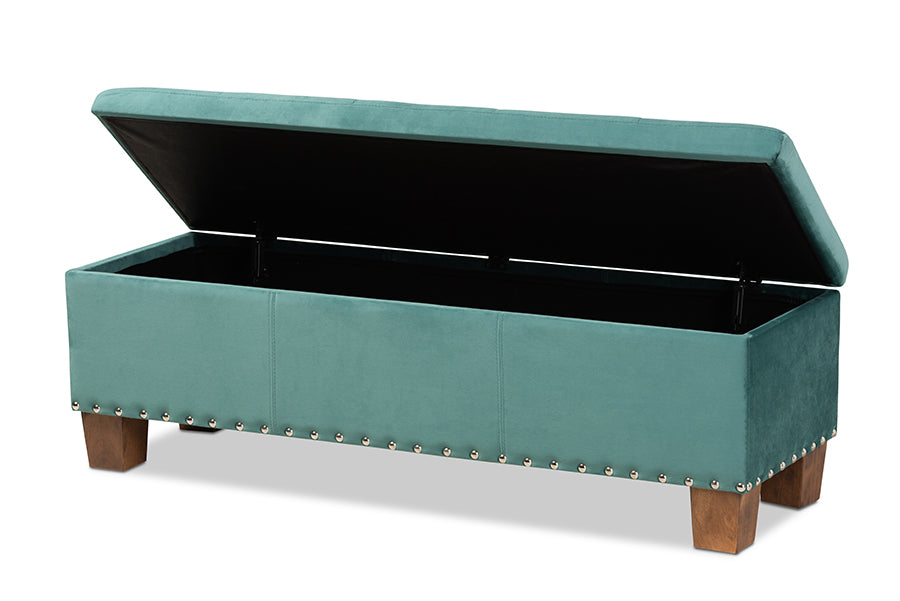 baxton studio hannah modern and contemporary teal blue velvet fabric upholstered button tufted storage ottoman bench | Modish Furniture Store-3