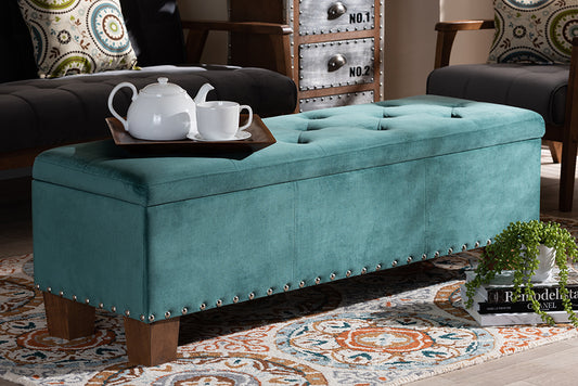 Baxton Studio Hannah Modern and Contemporary Teal Blue Velvet Fabric Upholstered Button-Tufted Storage Ottoman Bench | Modishstore | Ottomans