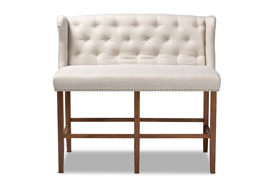 baxton studio alira modern and contemporary beige fabric upholstered walnut finished wood button tufted bar stool bench | Modish Furniture Store-3