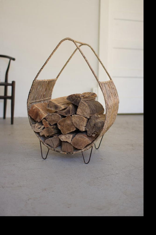 Kalalou Woven Rush And Metal Firewood Rack With Tall Handle | Modishstore | Fireplace Accessories