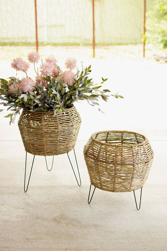 Round Seagrass Planters On Iron Stands S/2 By Kalalou | Modishstore | Planters, Troughs & Cachepots