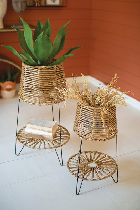 Seagrass And Iron Plant Stands Set Of 2 By Kalalou | Modishstore | Planters, Troughs & Cachepots