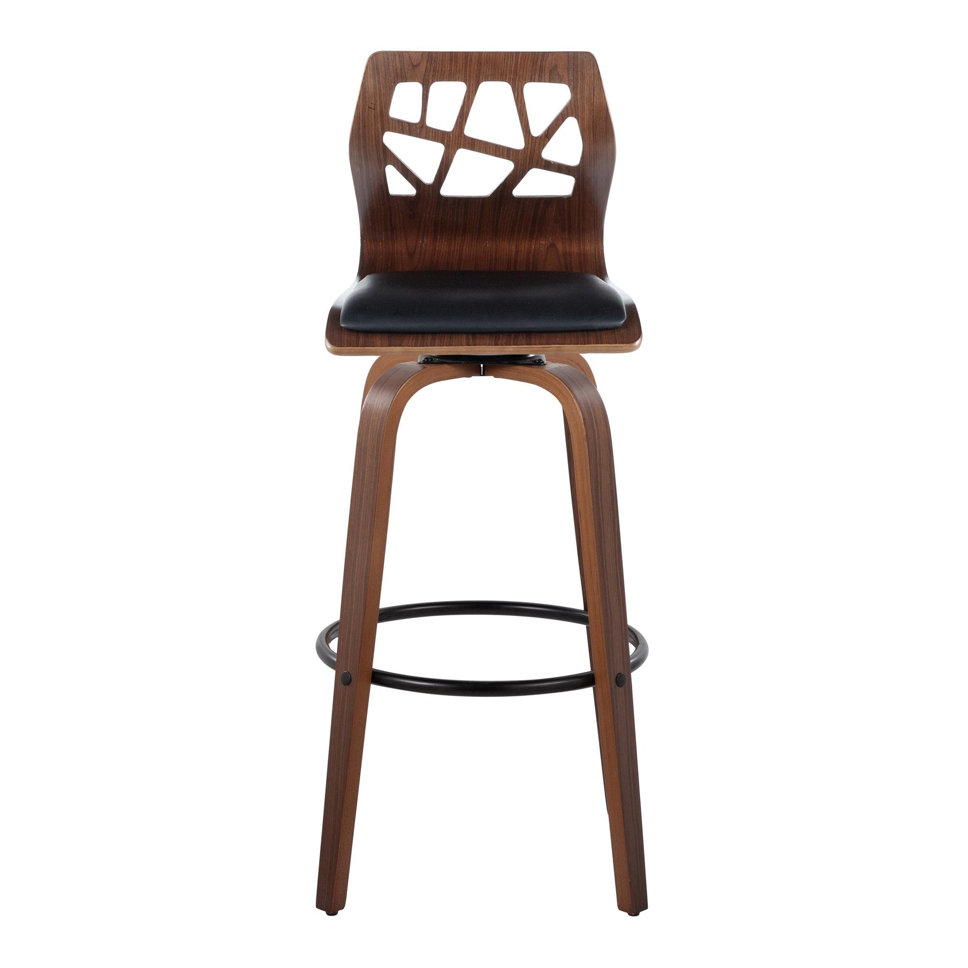 Folia 30" Mid-Century Modern Fixed-Height Barstool with Swivel in Walnut Wood and Black Faux Leather with Round Black Metal Footrest By LumiSource - Set of 2 | Bar Stools | Modishstore - 3