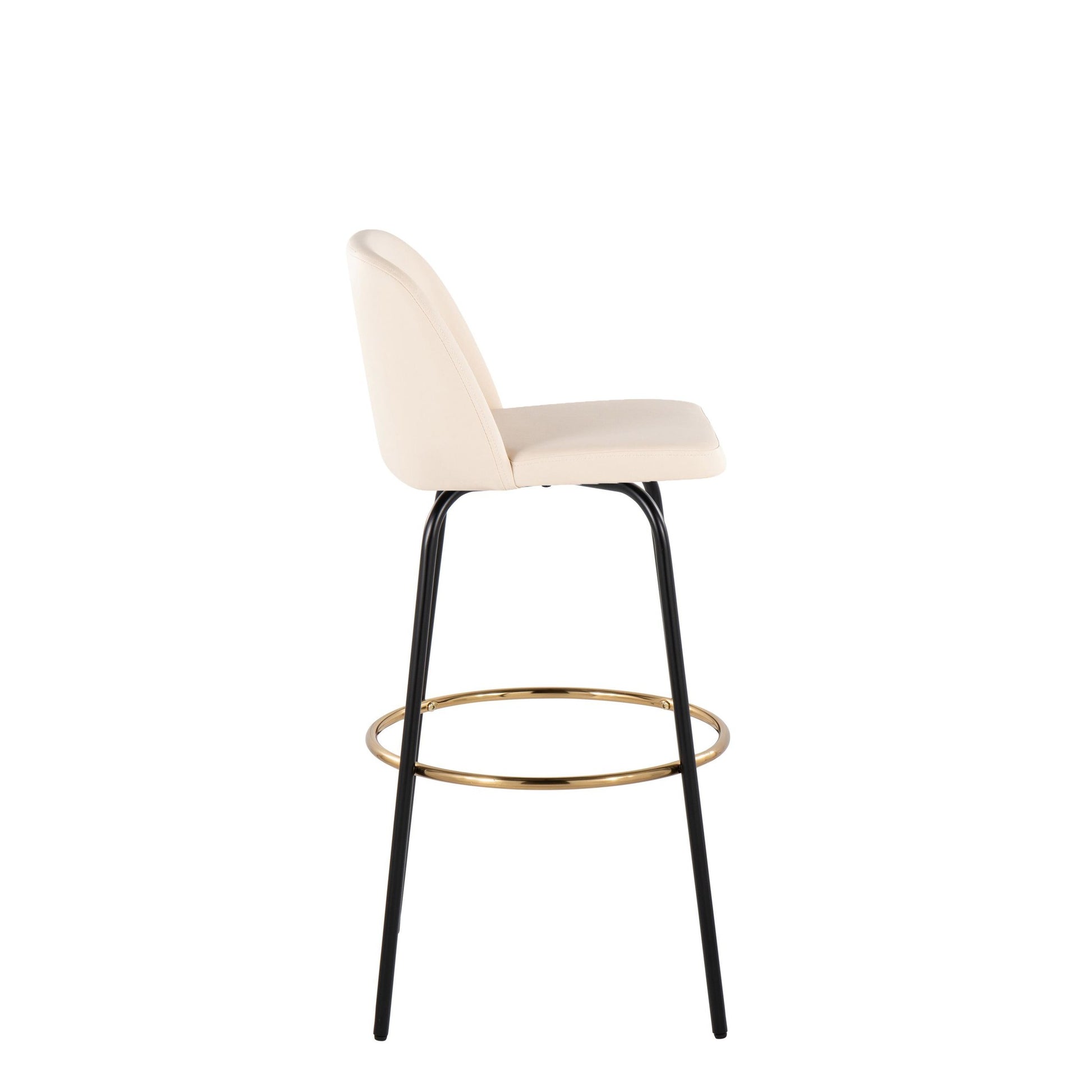 Toriano 30" Contemporary Fixed Height Barstool with Swivel in Cream Faux Leather and Black Metal with Round Gold Footrest By LumiSource - Set of 2 | Bar Stools | Modishstore - 5
