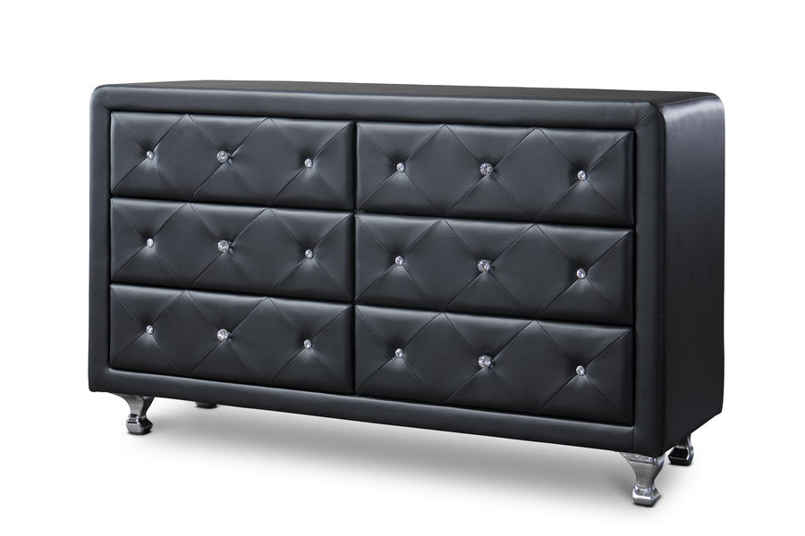 baxton studio luminescence black faux leather upholstered dresser Luminescence Black Faux Leather Upholstered Dresser