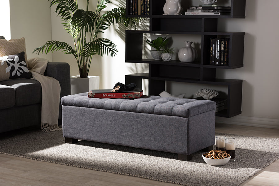 baxton studio roanoke modern and contemporary beige fabric upholstered grid tufting storage ottoman bench | Modish Furniture Store-4
