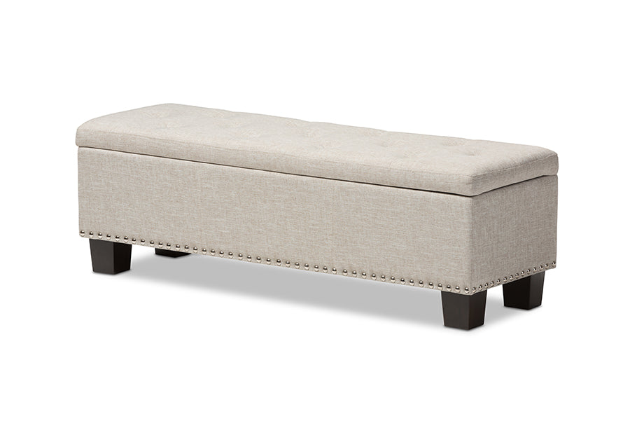 baxton studio roanoke modern and contemporary beige fabric upholstered grid tufting storage ottoman bench | Modish Furniture Store-3