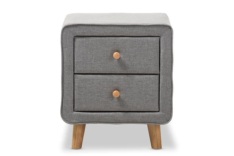 baxton studio jonesy mid century grey fabric upholstered 2 drawer nightstand | Modish Furniture Store-3