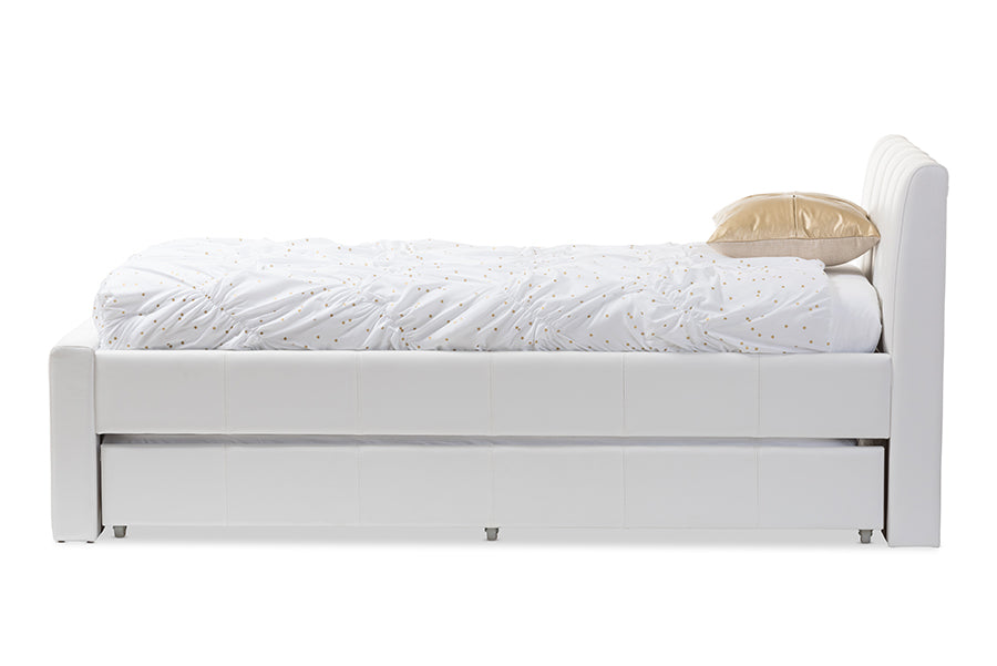 baxton studio cosmo modern and contemporary white faux leather twin size trundle bed | Modish Furniture Store-3