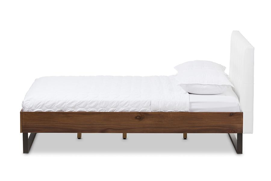 baxton studio mitchell rustic industrial walnut wood white faux leather dark bronze metal queen size platform bed | Modish Furniture Store-3