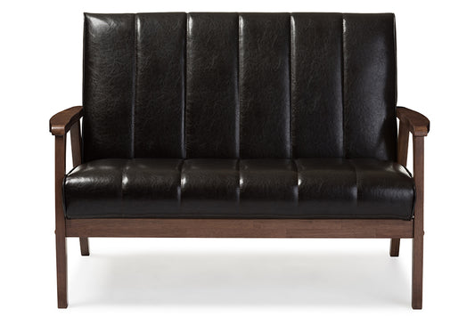 Baxton Studio Nikko Mid-century Modern Scandinavian Style Dark Brown Faux Leather Wooden 2-Seater Loveseat | Modishstore | Loveseats