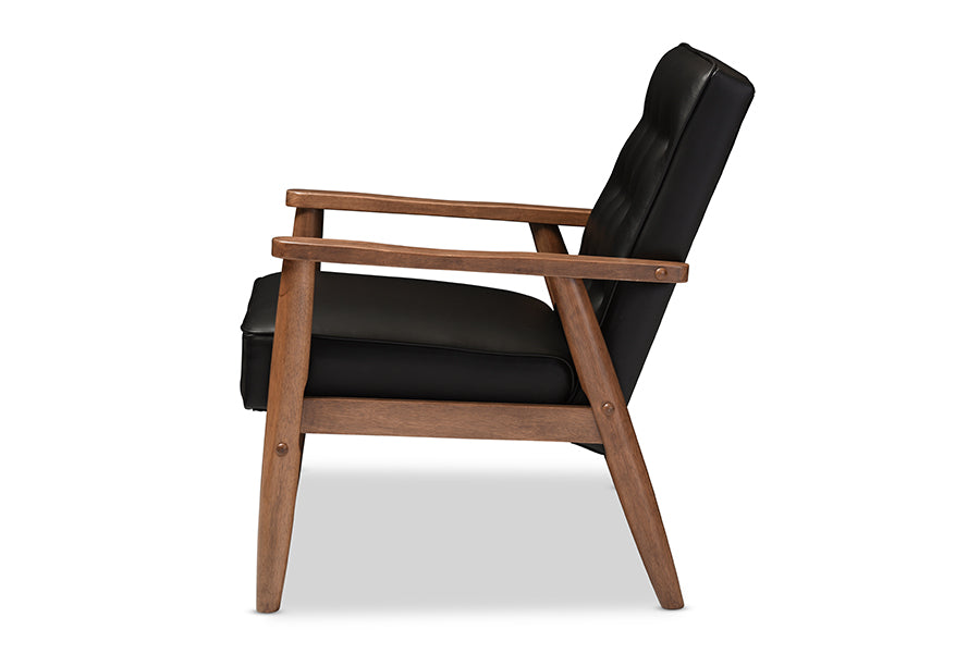 baxton studio sorrento mid century retro modern black faux leather upholstered wooden lounge chair | Modish Furniture Store-3