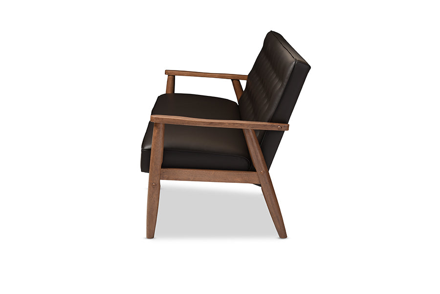 baxton studio sorrento mid century retro modern brown faux leather upholstered wooden 3 seater sofa | Modish Furniture Store-3