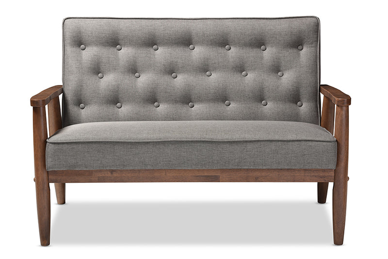 Baxton Studio Sorrento Mid-century Retro Modern Grey Fabric Upholstered Wooden 2-seater Loveseat | Modishstore | Loveseats