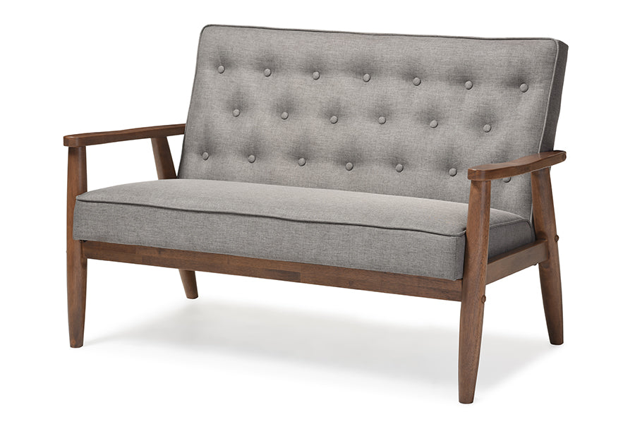 baxton studio sorrento mid century retro modern grey fabric upholstered wooden 2 seater loveseat | Modish Furniture Store-2