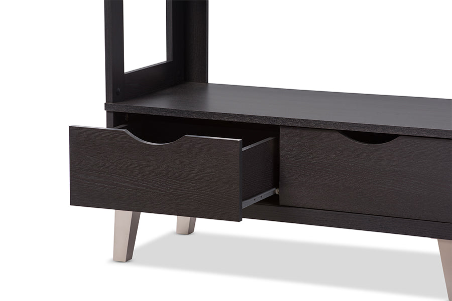 baxton studio kalien modern and contemporary dark brown wood leaning bookcase with display shelves and two drawers | Modish Furniture Store-3