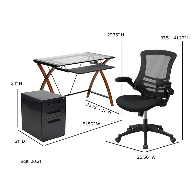 Work From Home Box - Glass Desk with Keyboard Tray, Ergonomic Mesh Office Chair & Filing Cabinet with Lock & Inset Handles | Office Chairs | Modishstore - 9