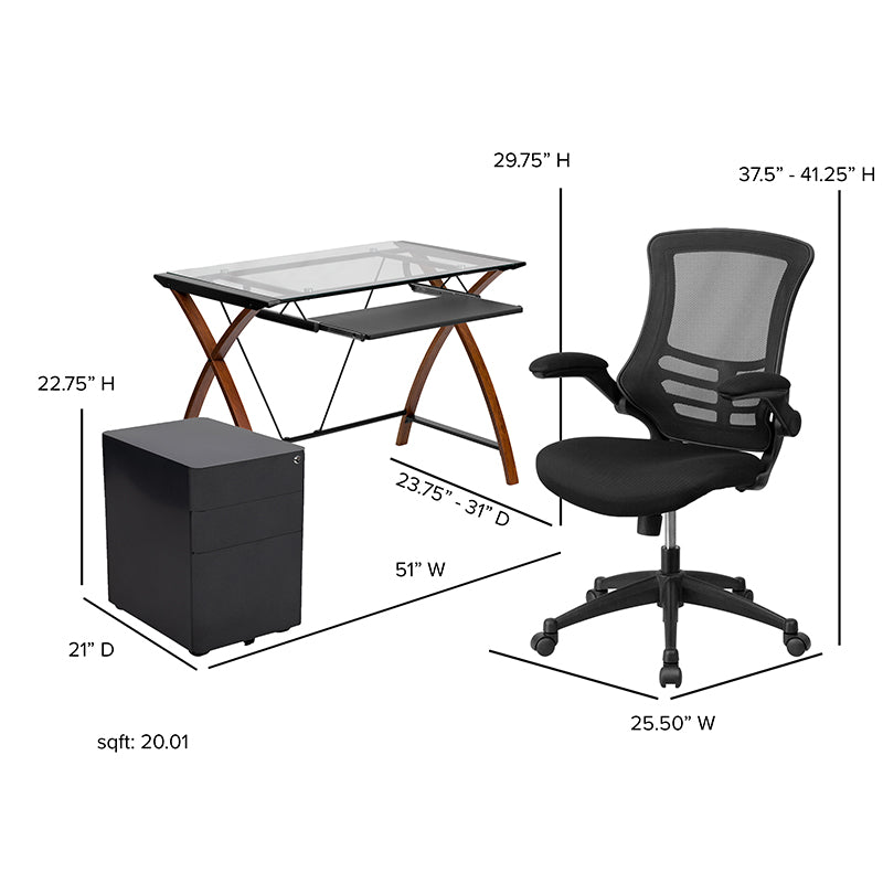 Work From Home Kit - Glass Desk with Keyboard Tray, Ergonomic Mesh Office Chair and Filing Cabinet with Lock & Side Handles | Office Chairs | Modishstore-9