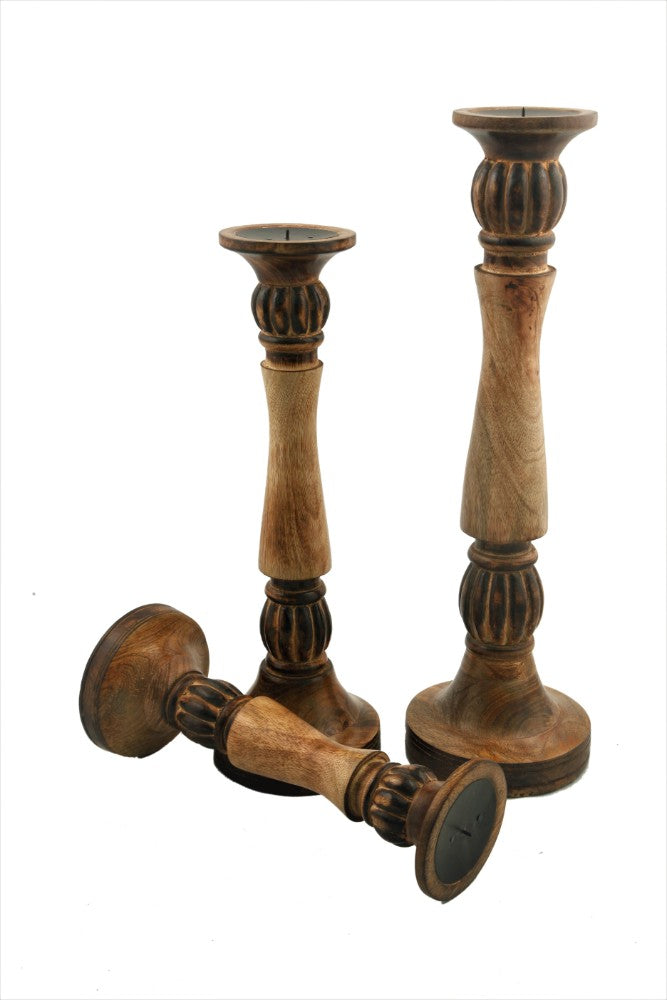 Benzara Mango Wood Vintage Style Candleholder/Candlestick, Set Of 3, Brown By Benzara | Candle Holders | Modishstore - 6