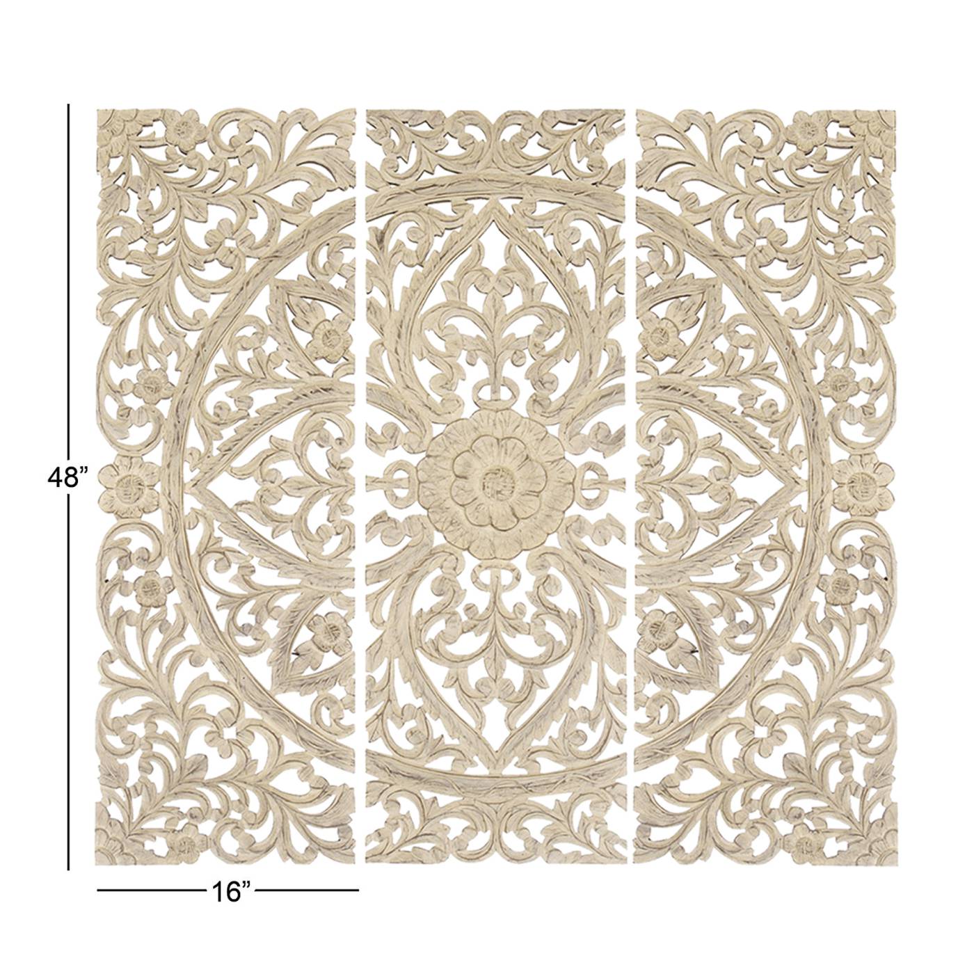 Benzara Floral Hand Carved Wooden Wall Plaque, Set Of Three, Antique White By Benzara | Wall Decor | Modishstore - 4