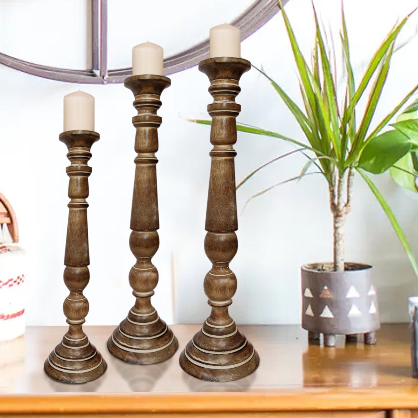 Handmade Wooden Candle Holder With Flared Top, Natural Brown, Set Of 3 By Benzara | Candle Holders | Modishstore - 7