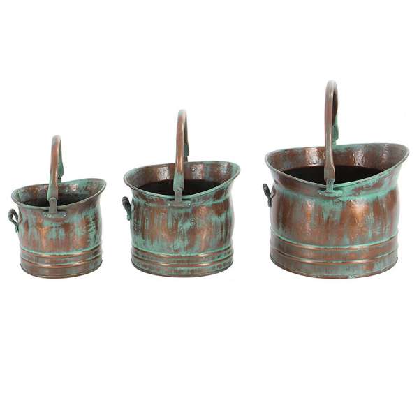 Green Tinged Metal Bucket Planter With Handles, Set Of 3 By Benzara | Planters, Troughs & Cachepots |  Modishstore  - 3