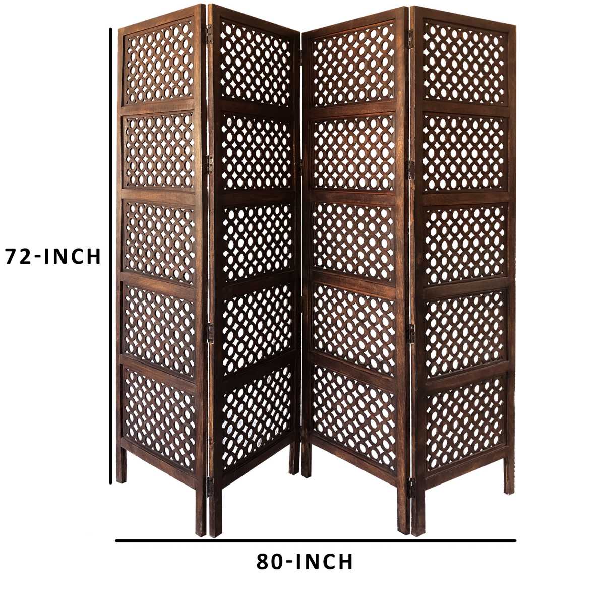 Decorative Four Panel Mango Wood Hinged Room Divider With Circular Cutout Design, Brown By Benzara | Room Divider | Modishstore - 5