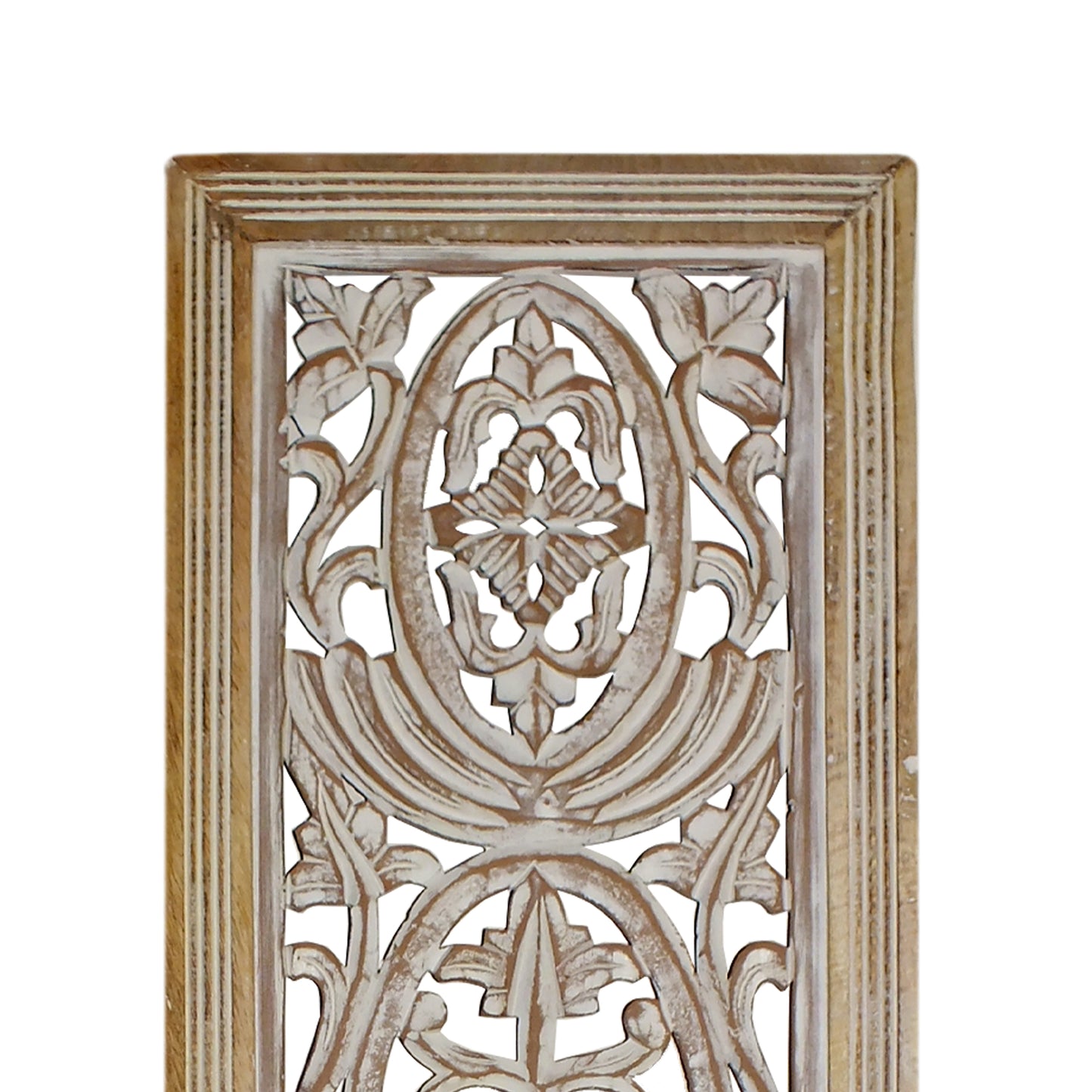 Rectangular Mango Wood Wall Panel Hand Crafted With Intricate Carving, White And Brown By Benzara | Wall Decor | Modishstore - 5
