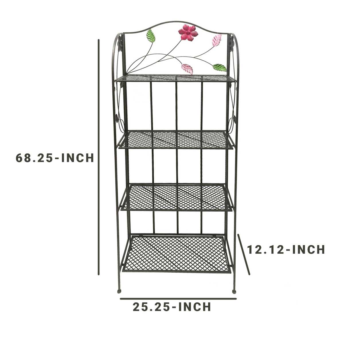 Four Tier Metal Foldable Bakers Rack With Flower Motifs, Black By Benzara | Shelves & Shelving Units | Modishstore - 6