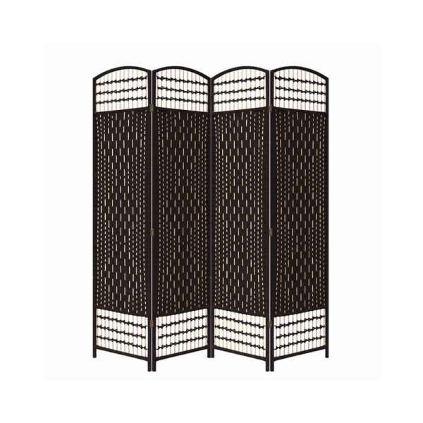 Wood And Paper Straw 4 Panel Screen With Nailhead Trim, Espresso Brown By Benzara | Room Divider |  Modishstore 