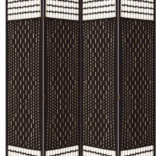 Wood And Paper Straw 4 Panel Screen With Nailhead Trim, Espresso Brown By Benzara | Room Divider |  Modishstore  - 4