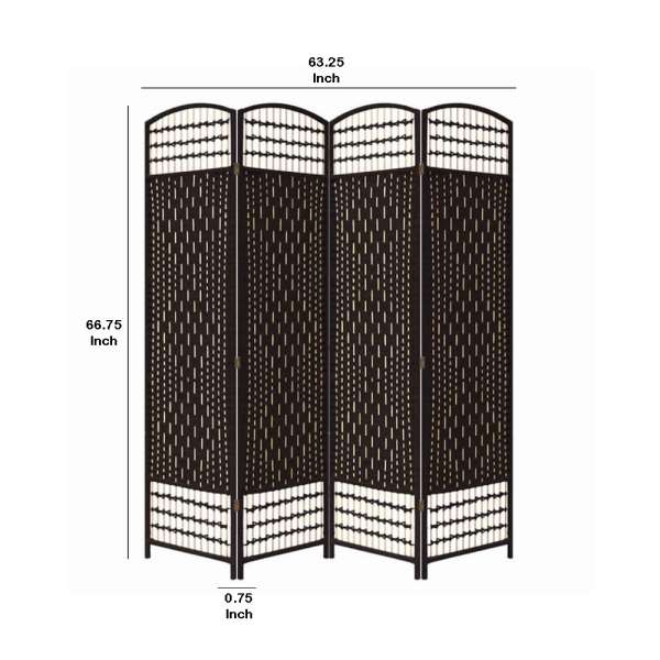 Wood And Paper Straw 4 Panel Screen With Nailhead Trim, Espresso Brown By Benzara | Room Divider |  Modishstore  - 5