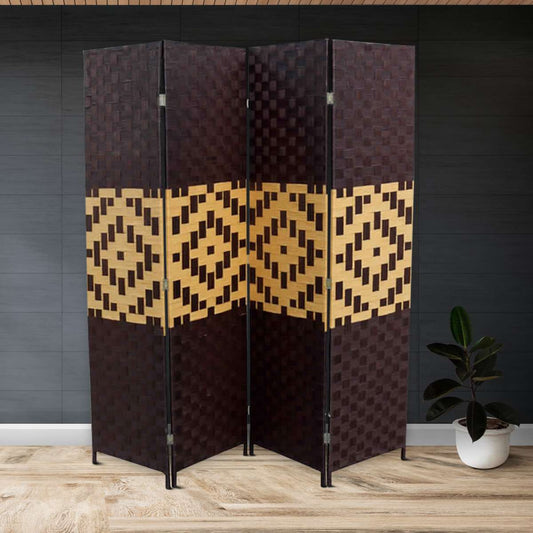 Paper Straw Weave And Wood 4 Panel Screen, Brown And Yellow By Benzara | Room Divider |  Modishstore 