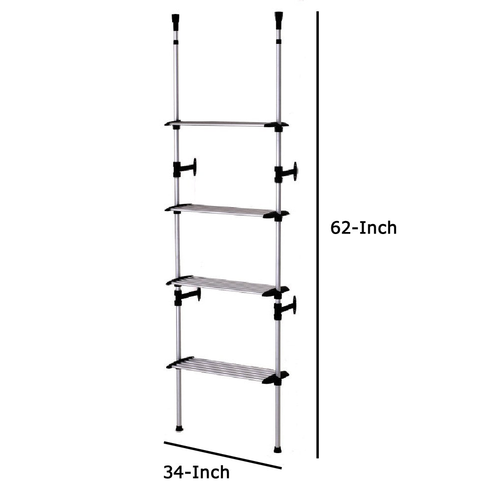 4 Tier Telescopic Metal Frame Clothes Rack, Silver And Black By Benzara | Shelves & Shelving Units | Modishstore - 5