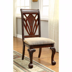 2 Piece Traditional Wooden Side Chair With Fabric Upholstered Seat, Brown And Beige By Benzara