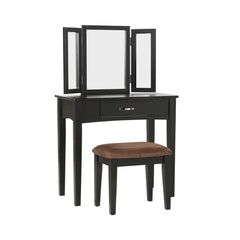 Wooden Vanity Set With 3 Sided Mirror And Padded Stool, Black By Benzara