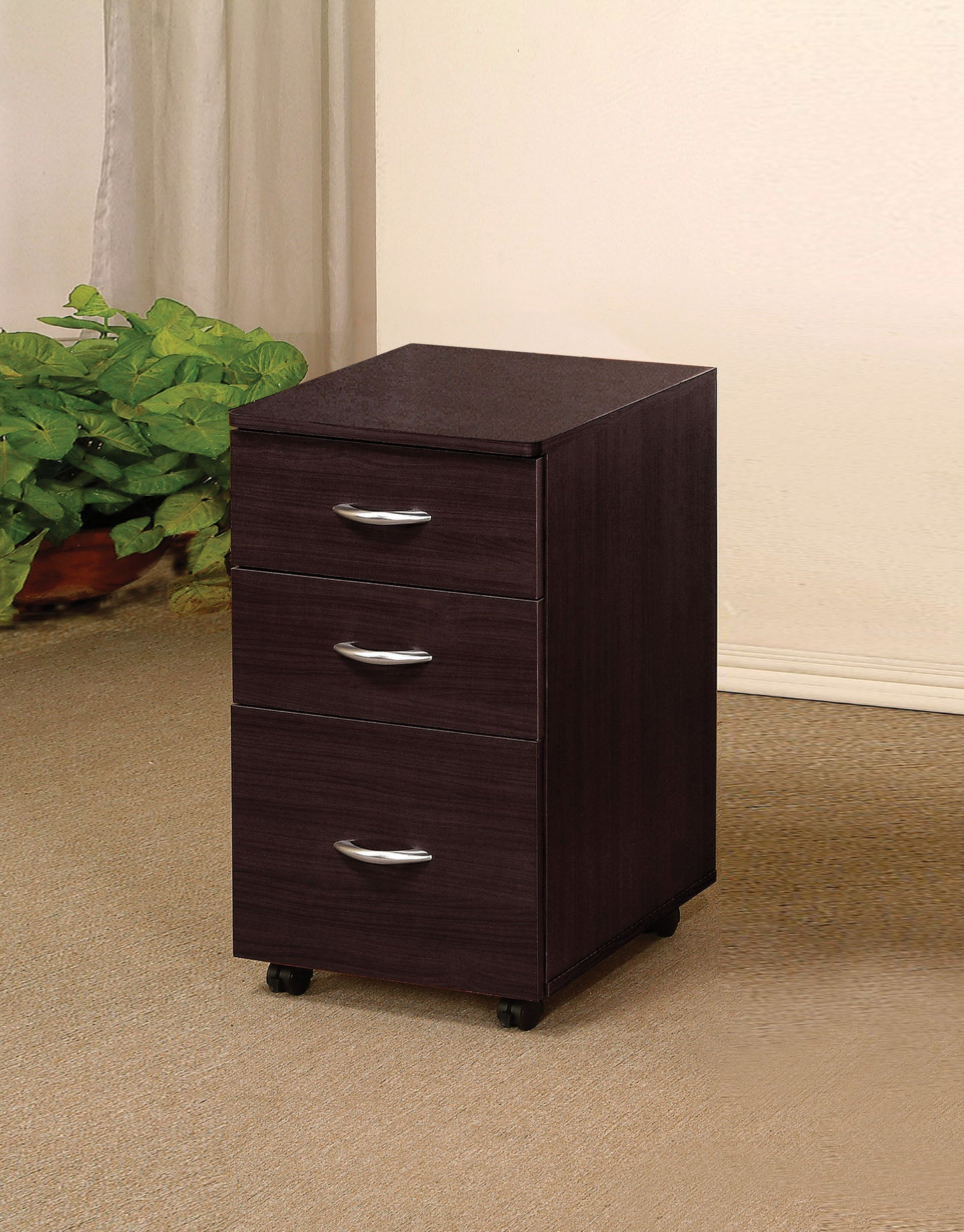 3 Drawer Wooden File Cabinet With Casters And Metal Handles, Brown By Benzara | Drawers | Modishstore