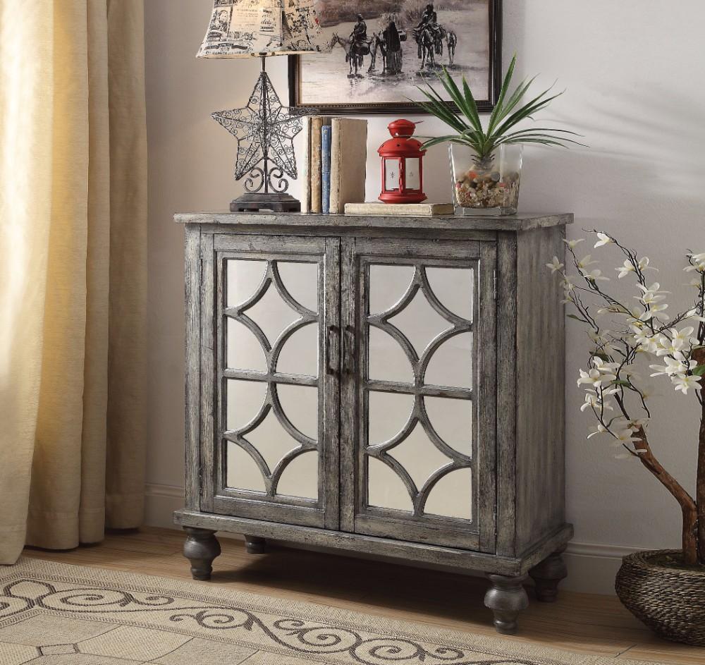 Wooden Console Table With 2 Doors And Mirror Fronts, Weathered Gray By Benzara | Console Tables | Modishstore - 2