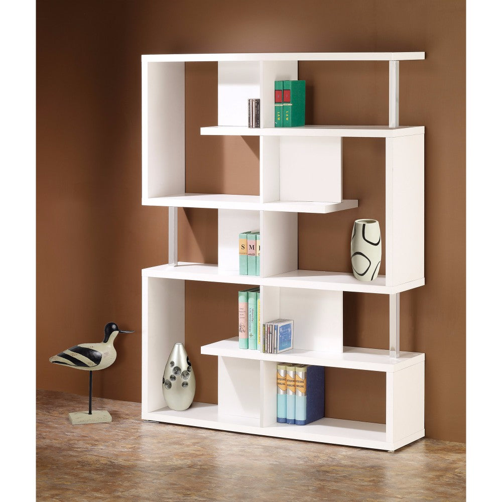 Splendid White Bookcase With Chrome Support Beams By Benzara | Bookcases | Modishstore