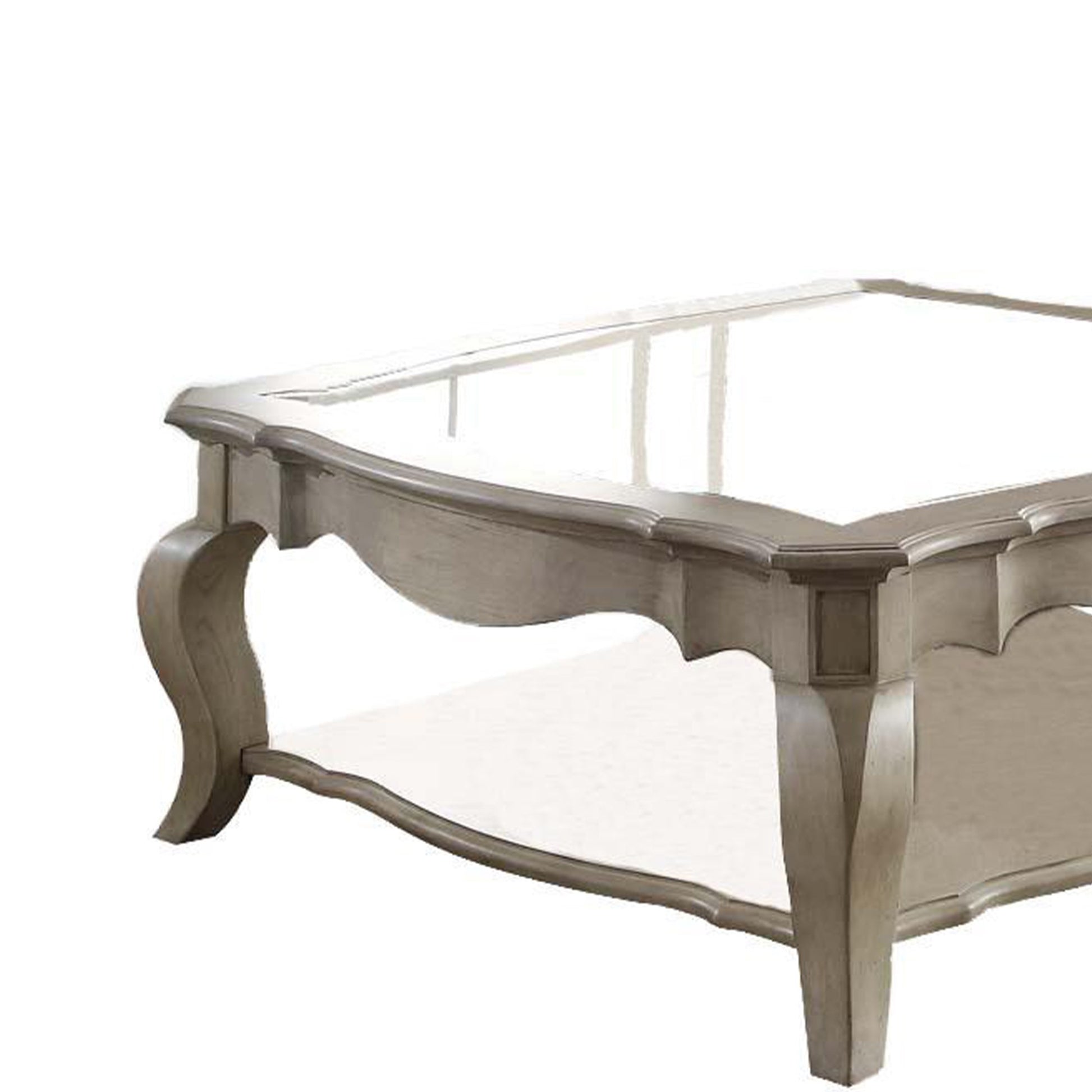 18 Inch Glass Top Wooden Coffee Table, Antique Taupe  By Benzara | Coffee Tables |  Modishstore  - 3