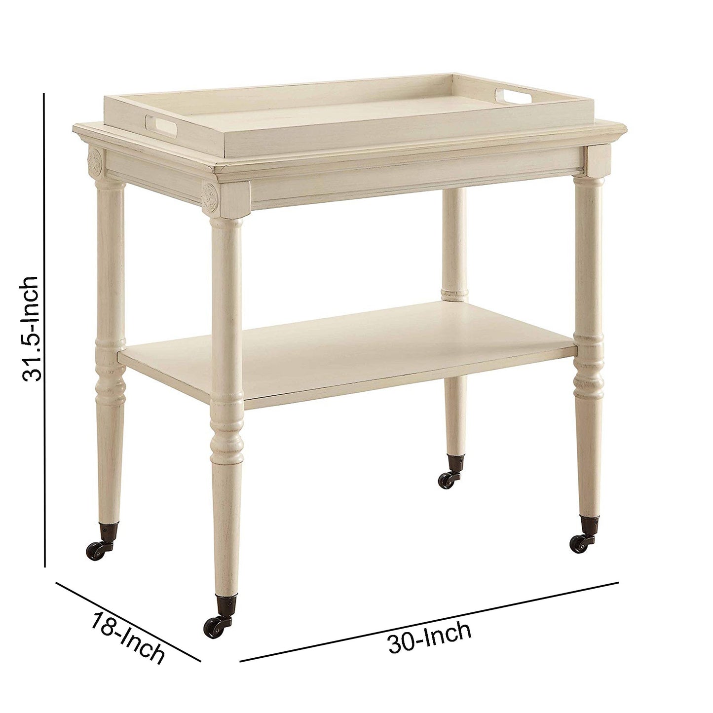 32 Inch 2 Tier Wooden Tray Table With Casters, Antique White By Benzara | TV Tray Tables | Modishstore - 6