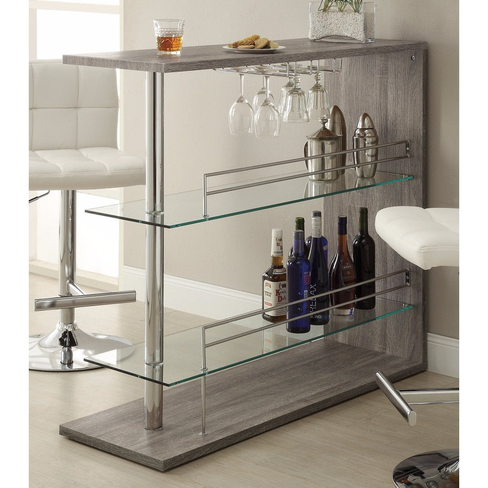 Radiant Rectangular Bar Table With 2 Shelves And Wine Holder, Gray By Benzara | Bar Tables | Modishstore