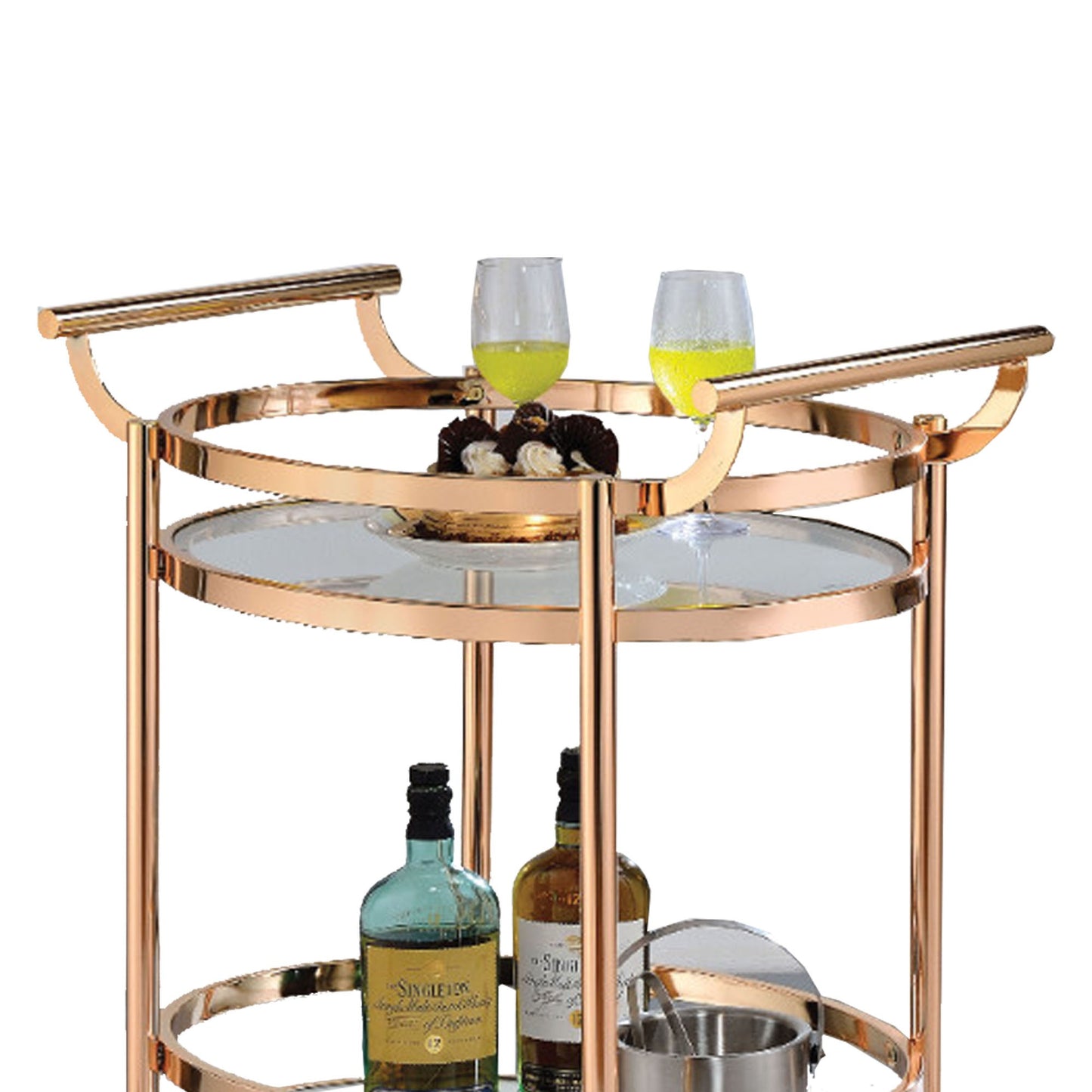 27 Inch Oval Shaped Metal Serving Cart With 2 Shelves, Gold  By Benzara | Bar Carts |  Modishstore  - 3